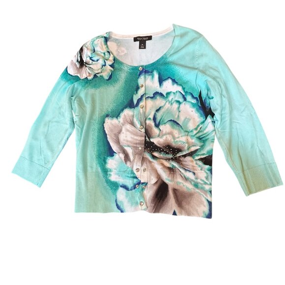 White House Black Market Turquoise Floral Jewel Snap Front Button Cardigan Sz S - Picture 1 of 6